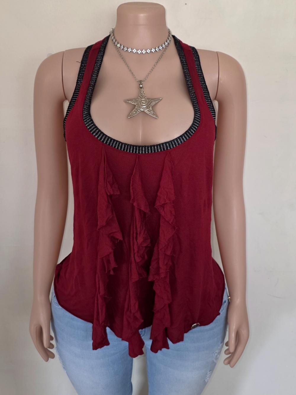 Guess Women's Burgundy Ruffle Tank Top with Black Trim